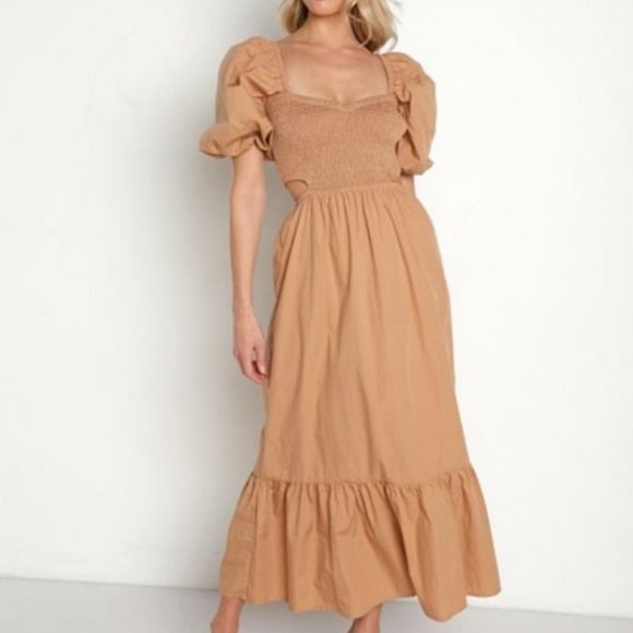 Anthropologie Faithfull 12 NWT Bloom Smocked Cut-Out Midi Dress Peasant Hazelnut
